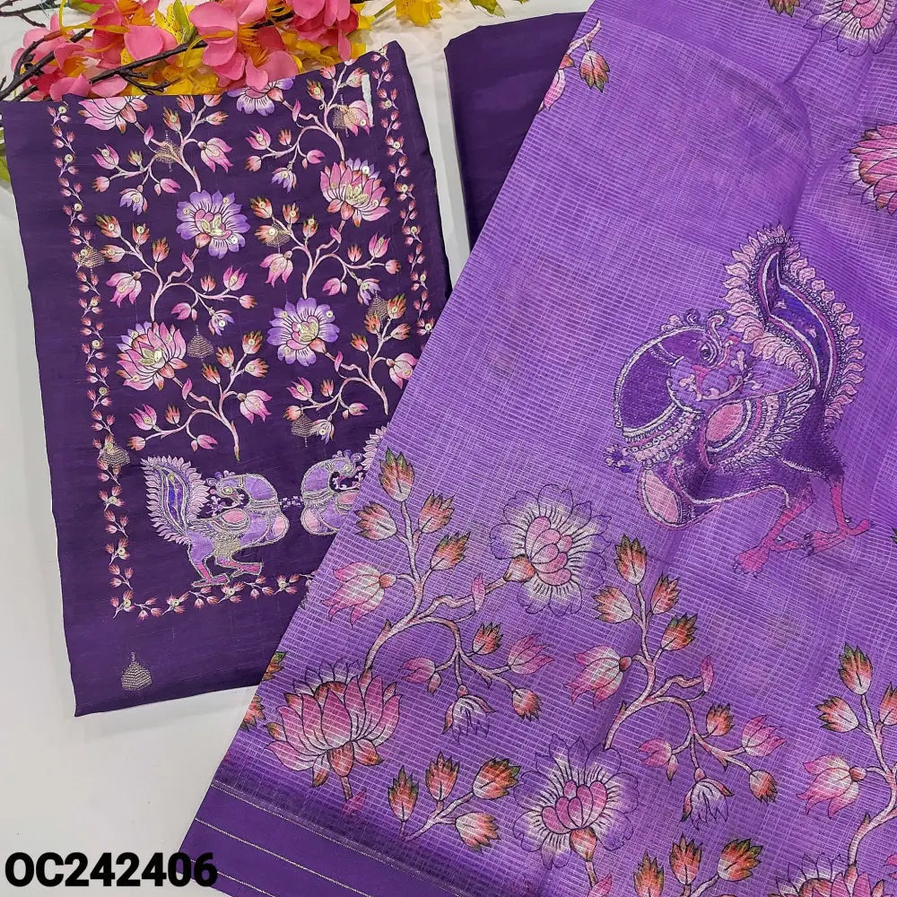 CODE OC242406: Violet digital printed semi gicha textured silk cotton unstitched salwar material zari& sequin work