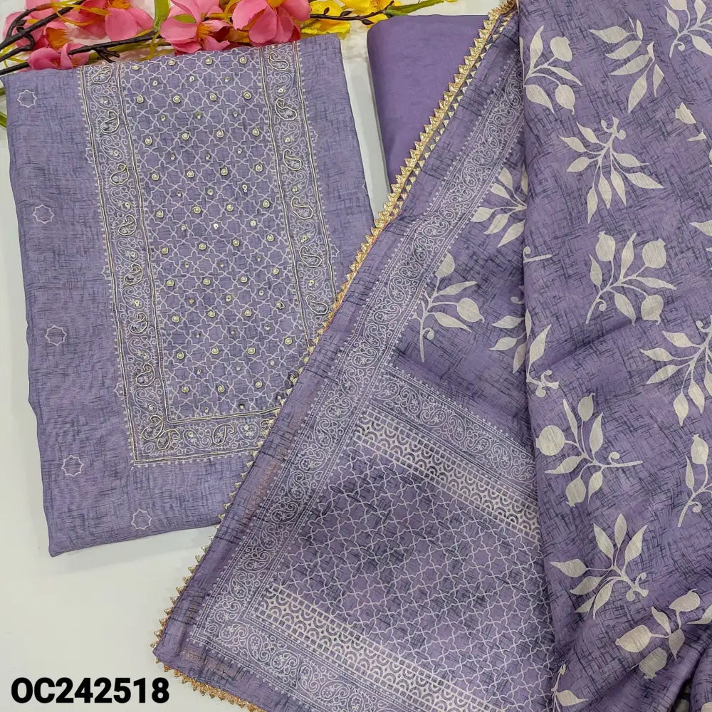 CODE OC242518: Lavender digital printed silk cotton unstitched salwar material bead& zardozi work on yoke(thin fabric