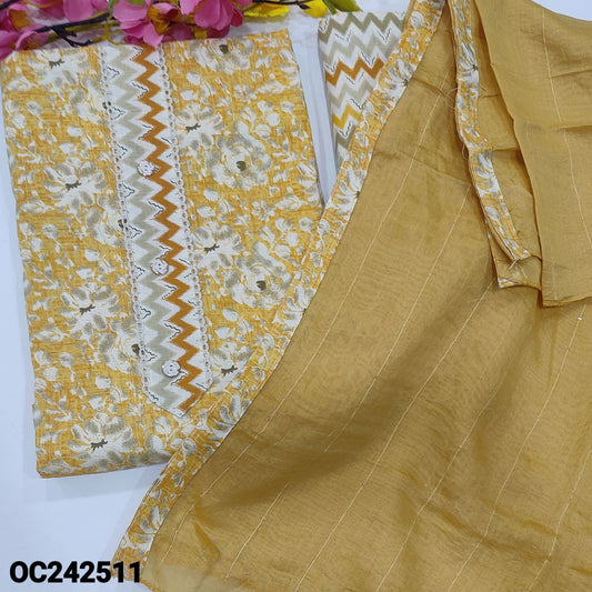 CODE OC242511 : Yellow floral printed liquid fabric unstitched salwar material, fancy buttons on yoke(lining optional)zigzag printed liquid fabric bottom, fancy silk cotton dupatta with sequins work& tapings.