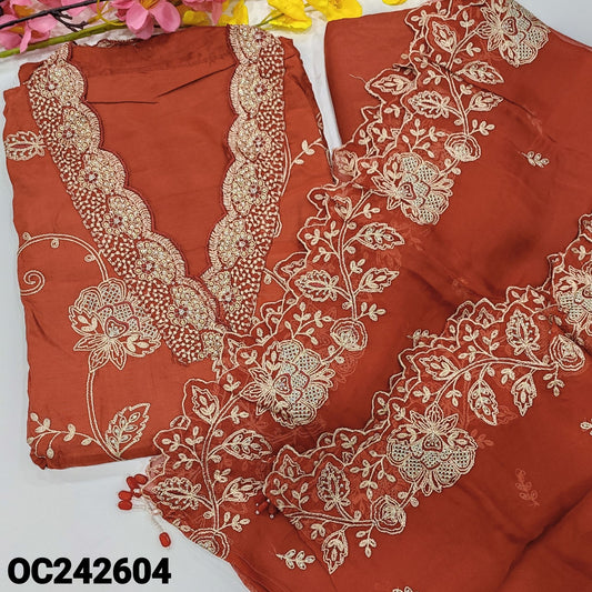 CODE OC242604 : Rust orange designer pure dola silk unstitched salwar material, collared v neck with rich work, heavy embroidered on front(shiny fabric, lining needed)matching santoon bottom, pure organza dupatta with rich embroidered &scallop edges.