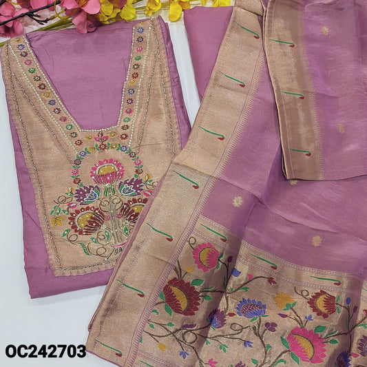 CODE OC242703 : Pink designer pure dola silk unstitched salwar material, rich paithani design on yoke(shiny fabric, lining needed)matching santoon bottom, pure tissue organza silk dupatta with zari buttas& paithani weaving borders.