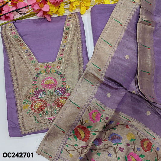 CODE OC242701 : Light purple designer pure dola silk unstitched salwar material, rich paithani design on yoke(shiny fabric, lining needed)matching santoon bottom, pure tissue organza silk dupatta with zari buttas& paithani weaving borders.