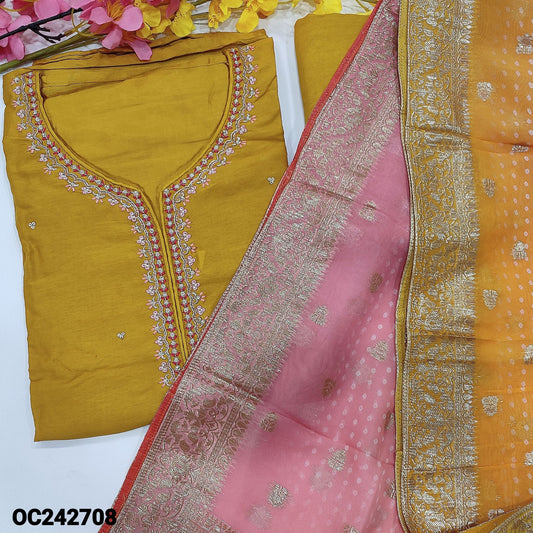 CODE OC242708 : Mehandhi yellow pure dola silk unstitched salwar material, thread, zari& bead work on yoke, sequins work on front(shiny, lining needed)matching santoon bottom, bandhini printed pure organza silk dupatta with zari woven buttas& borders.