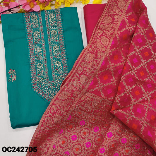 CODE OC242705 : Bright turquoise blue satin cotton unstitched salwar material, zari, sequins& thread work on yoke& front(lining optional)bright pink spun cotton bottom, banarasi& meenakari weaving soft silk cotton dupatta with kota lace tapings.