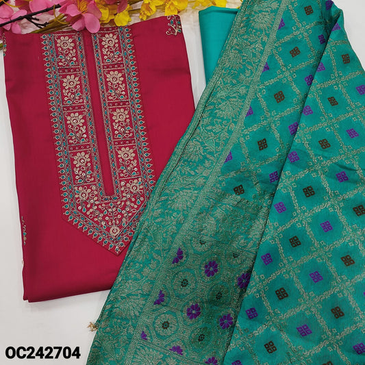 CODE OC242704 : Dark pink satin cotton unstitched salwar material, zari, sequins& thread work on yoke& front(lining optional)bright turquoise green spun cotton bottom, banarasi& meenakari weaving soft silk cotton dupatta with kota lace tapings.