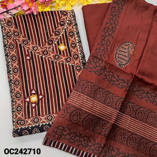 CODE OC242710 : Black ajrak block printed pure cotton unstitched salwar material, angraha neck with real mirror work(lining optional)maroon cotton bottom, block printed soft silk cotton dupatta with tapings.