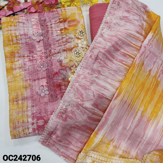 CODE OC242706 :  Pink &yellow crinkled silk cotton unstitched salwar material, embroidered& fancy buttons on yoke, pintex work on front(lining needed)yellow spun cotton bottom, dual shaded shibori dyed soft silk cotton dupatta with lace tapings.