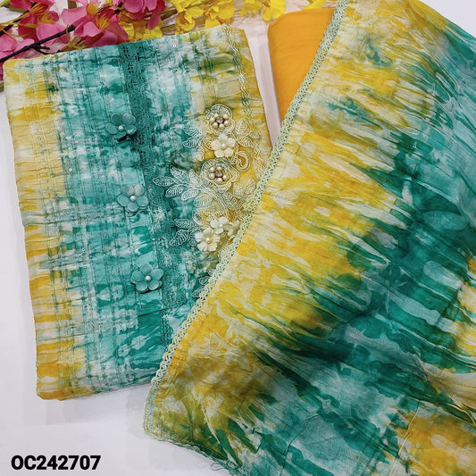 CODE OC242707 : Yellow &turquoise green crinkled silk cotton unstitched salwar material, embroidered& fancy buttons on yoke, pintex work on front(lining needed)yellow spun cotton bottom, dual shaded shibori dyed soft silk cotton dupatta with lace tapings.