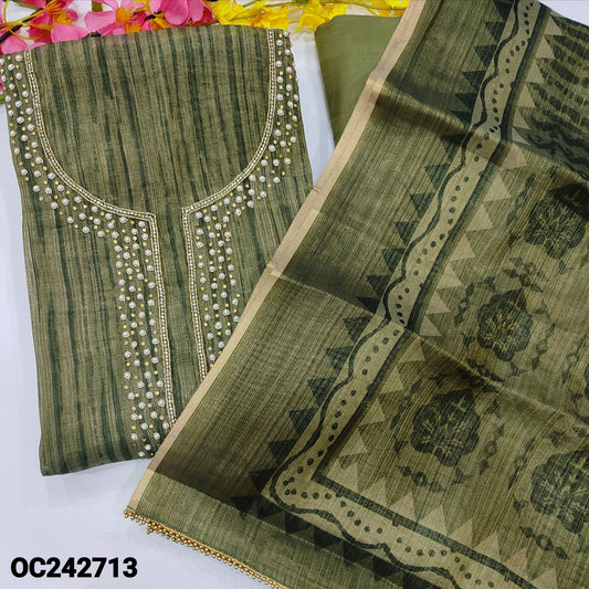 CODE OC242713 : Light olive green with golden tint tissue silk cotton unstitched salwar material, rich bead& zardozi work on yoke(thin fabric, lining needed)matching santoon bottom, printed tissue silk cotton full length dupatta.