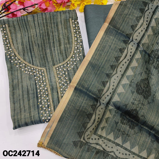 CODE OC242714 : Grey with golden tint tissue silk cotton unstitched salwar material, rich bead& zardozi work on yoke(thin fabric, lining needed)matching santoon bottom, printed tissue silk cotton full length dupatta.