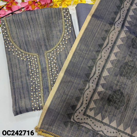 CODE OC242716 : Bluish grey with golden tint tissue silk cotton unstitched salwar material, rich bead& zardozi work on yoke(thin fabric, lining needed)matching santoon bottom, printed tissue silk cotton full length dupatta.