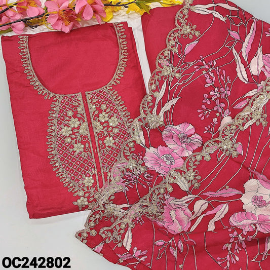 CODE OC242802 : Bright pink pure dola silk unstitched salwar material, rich zari, sequins& thread work on yoke(shiny fabric, lining needed)matching santoon bottom, printed pure chino silk dupatta with sequins& scallop edges.