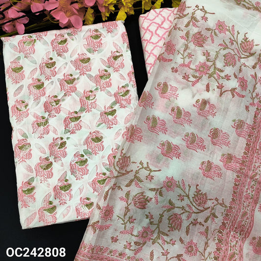 CODE OC242808 : White base designer PINK block printed premium cotton unstitched salwar material(thin fabric, lining needed)block printed pure cotton bottom, block printed mul cotton dupatta(REQUIRES TAPINGS).