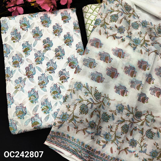 CODE OC242807 : White base designer BLUE block printed premium cotton unstitched salwar material(thin fabric, lining needed)block printed pure cotton bottom, block printed mul cotton dupatta(REQUIRES TAPINGS).