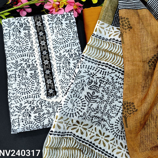 CODE NV240317 : Half white base warli printed premium semi linen unstitched salwar material, lace work on yoke(lining needed)mehandhi yellow silk cotton bottom, printed semi linen dupatta.