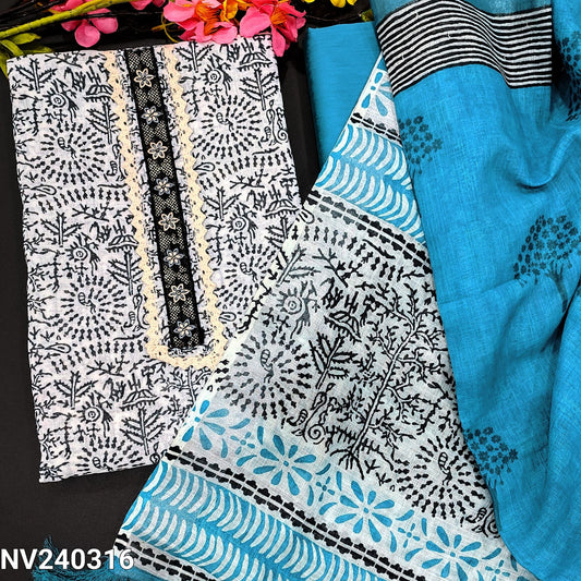 CODE NV240316 : Half white base warli printed premium semi linen unstitched salwar material, lace work on yoke(lining needed)turquoise blue silk cotton bottom, printed semi linen dupatta.