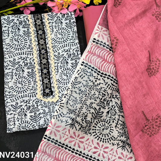 CODE NV240314 : Half white base warli printed premium semi linen unstitched salwar material, lace work on yoke(lining needed)pink silk cotton bottom, printed semi linen dupatta.