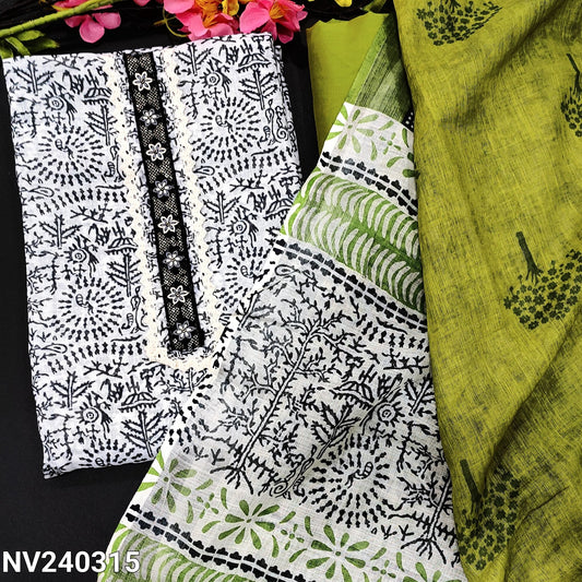 CODE NV240315 : Half white base warli printed premium semi linen unstitched salwar material, lace work on yoke(lining needed)mossy green silk cotton bottom, printed semi linen dupatta.