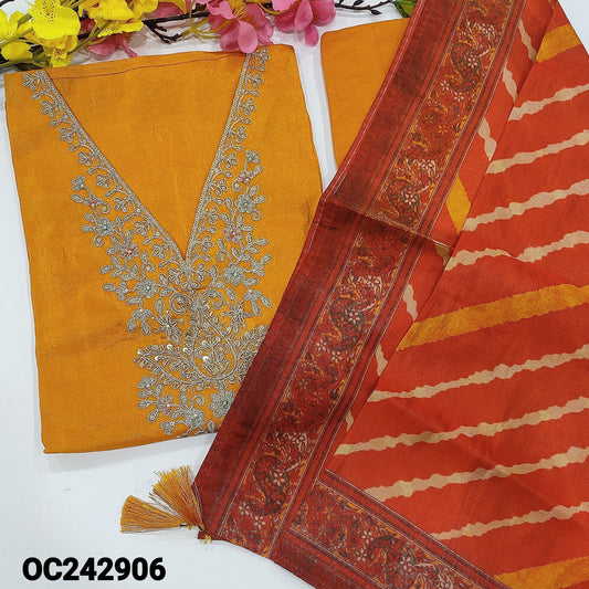 CODE OC242906 : Orange with golden tint designer organza silk unstitched salwar material, v neck with zari& sequins work(shiny fabric, lining needed)matching santoon bottom, lehariya printed organza silk short width dupatta.