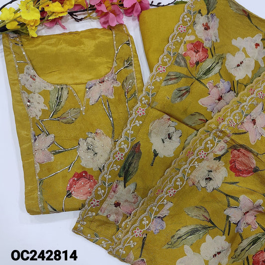 CODE OC242814 : Mehandhi yellow tissue organza silk unstitched salwar material, zari& sequins work on yoke& front(shiny fabric, lining needed)matching santoon bottom, floral printed pure tissue organza silk dupatta with zari, sequins& scallop edges.