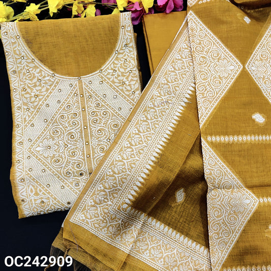 CODE OC242909 : Mehandhi yellow jamdani woven premium silk cotton unstitched salwar material, faux mirror work on yoke(thin fabric, lining needed)matching cotton bottom, jamdani woven premium silk cotton dupatta with tassels.