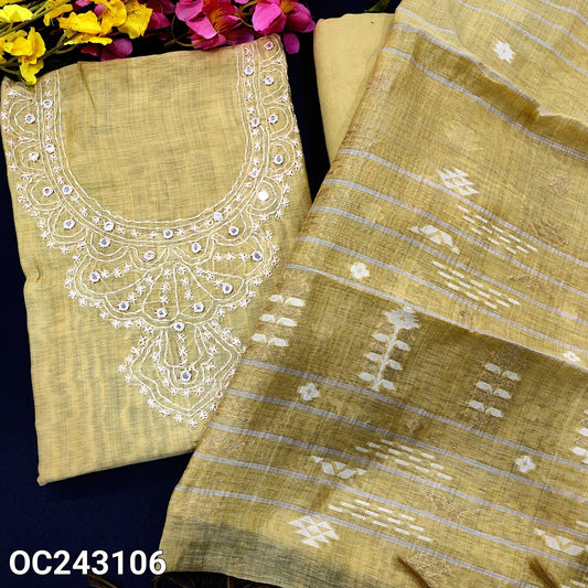 CODE OC243106 : Pastel yellow premium silk cotton unstitched salwar material, hand embroidered& real mirror work on yoke(thin fabric, lining needed)matching santoon bottom, rich jamdani woven premium soft silk cotton dupatta with tassels.