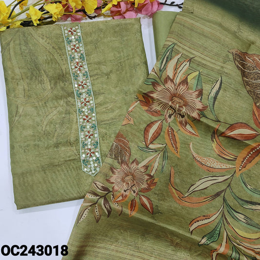 CODE OC243018 : Light mossy green with golden tint digital printed tissue silk cotton unstitched salwar material, thread& sequin work on yoke& front(thin, lining needed)matching santoon bottom, digital printed tissue silk cotton full length dupatta.