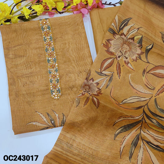 CODE OC243017 : Mehandhi yellow with golden tint digital printed tissue silk cotton unstitched salwar material, thread& sequin work on yoke& front(thin, lining needed)matching santoon bottom, digital printed tissue silk cotton full length dupatta.