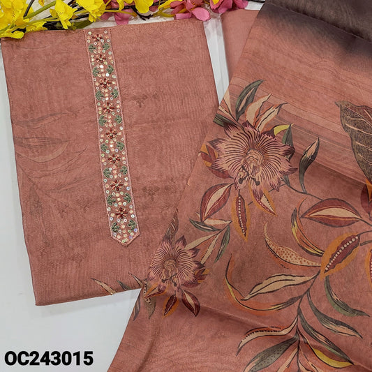 CODE OC243015 : Pink with golden tint digital printed tissue silk cotton unstitched salwar material, thread& sequin work on yoke& front(thin, lining needed)matching santoon bottom, digital printed tissue silk cotton full length dupatta.