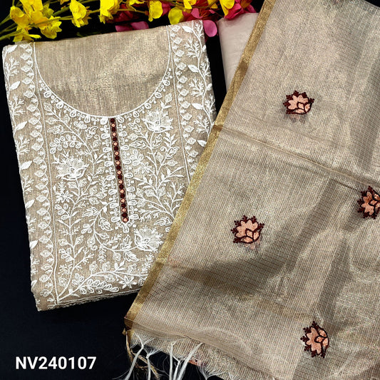 CODE NV240107 : Rich golden beige kota tissue unstitched salwar material, thread embroidered on yoke& front with panel pattern(thin fabric, lining needed)matching silky bottom, embroidered tissue kota dupatta with tassels.