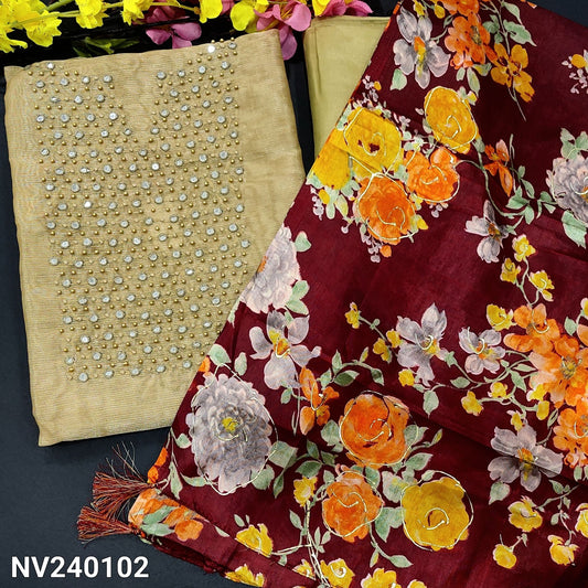 CODE NV240102 : Rich beige with silver tint tissue silk cotton unstitched salwar material, bead& faux mirror work on yoke(thin fabric, lining needed)matching santoon bottom, floral printed fancy silk dupatta.