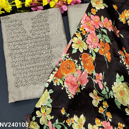 CODE NV240103 : Grey with silver tint tissue silk cotton unstitched salwar material, bead& faux mirror work on yoke(thin fabric, lining needed)matching santoon bottom, floral printed fancy silk dupatta.