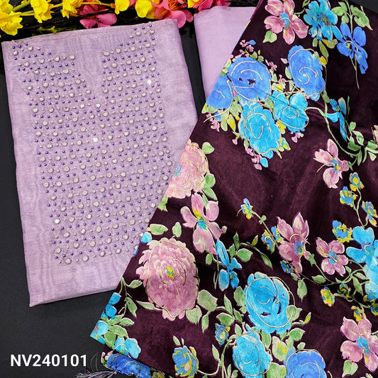 CODE NV240101 : Lavender with silver tint tissue silk cotton unstitched salwar material, bead& faux mirror work on yoke(thin fabric, lining needed)matching santoon bottom, floral printed fancy silk dupatta.