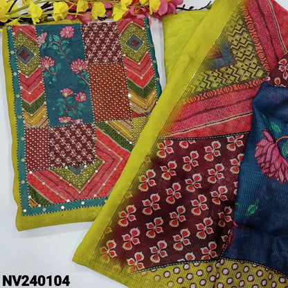 CODE NV240104: Mehandhi green digital printed silk cotton unstitched salwar material abstract printed yoke