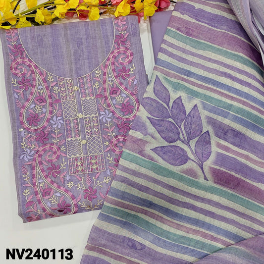 CODE NV240113 : Lavender with silver tint sobar printed tissue silk cotton unstitched salwar material, embroidered on yoke(thin fabric, lining needed)matching spun cotton bottom, digital printed tissue silk cotton dupatta.