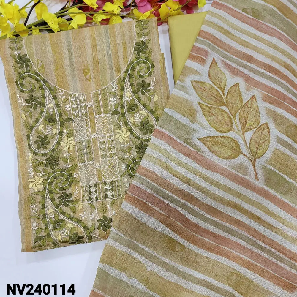 CODE NV240114: Pastel yellow with silver tint sobar printed tissue silk cotton unstitched salwar material embroidered