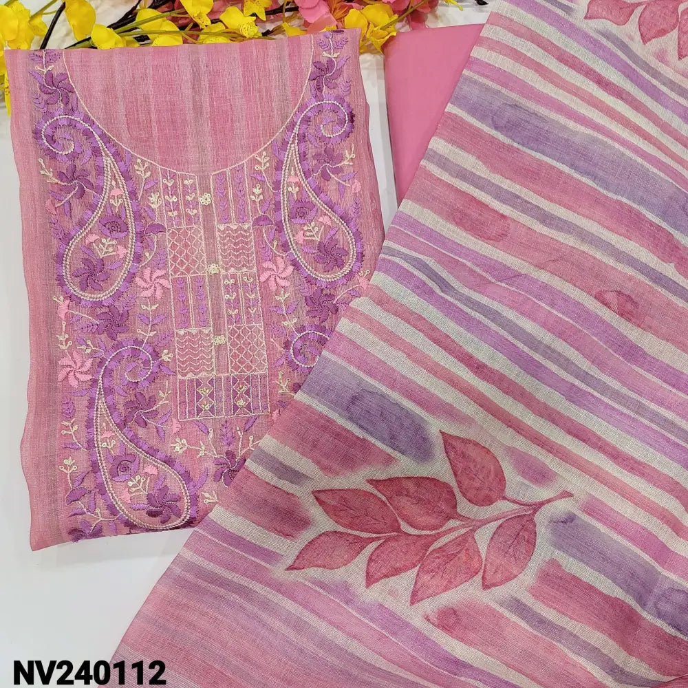 CODE NV240112: Pastel pink with silver tint sobar printed tissue silk cotton unstitched salwar material embroidered