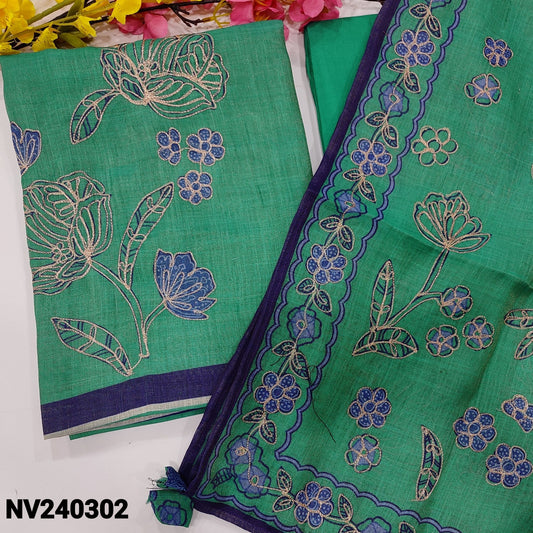 CODE NV240302 : Turquoise blue with golden premium tissue linen unstitched salwar material, floral printed& zari work on front(thin fabric, lining needed)matching santoon bottom, floral printed tissue linen dupatta with zari work.