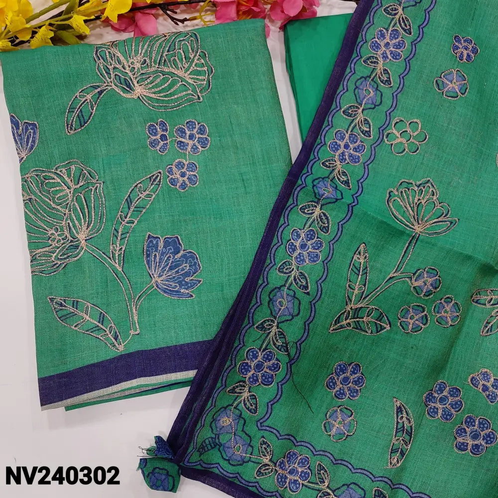 CODE NV240302: Turquoise blue with golden premium tissue linen unstitched salwar material floral printed& zari work