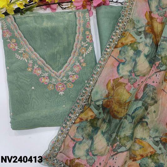 CODE NV240413 : Pastel blue with golden tint tissue organza silk unstitched salwar material, v neck with embroidered& zari work(thin fabric, lining needed)matching silky bottom, multi color floral printed tissue organza silk dupatta.