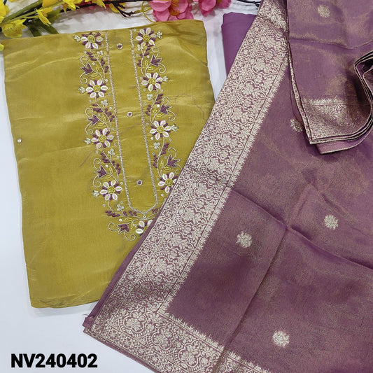 CODE NV240402 : Mehandhi yellow with golden tint designer pure tissue organza silk unstitched salwar material, rich work on yoke(thin fabric, lining needed)purple santoon bottom, tissue organza silk dupatta with zari woven buttas& borders.