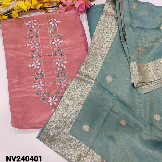 CODE NV240401 : Pastel pink with golden tint designer pure tissue organza silk unstitched salwar material, rich work on yoke(thin fabric, lining needed)pastel blue santoon bottom, tissue organza silk dupatta with zari woven buttas& borders.