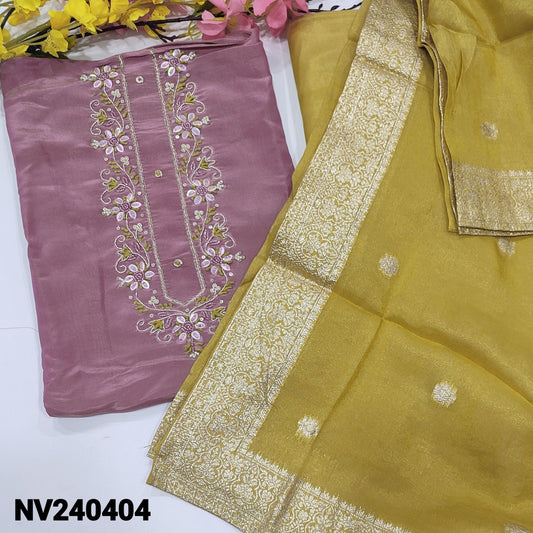 CODE NV240404 : Purple with golden tint designer pure tissue organza silk unstitched salwar material, rich work on yoke(thin fabric, lining needed)mehandhi yellow santoon bottom, tissue organza silk dupatta with zari woven buttas& borders.