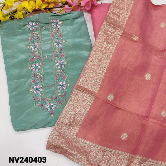 CODE NV240403 : Pastel blue with golden tint designer pure tissue organza silk unstitched salwar material, rich work on yoke(thin fabric, lining needed)pink santoon bottom, tissue organza silk dupatta with zari woven buttas& borders.