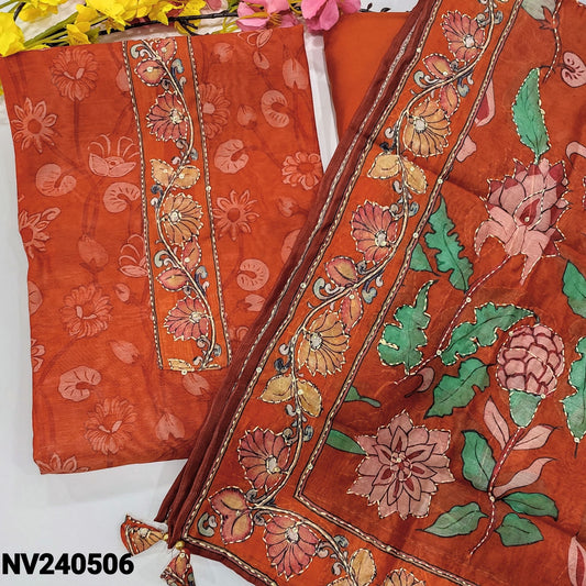 CODE NV240506 : Orange digital printed silk cotton unstitched salwar material, kantha stitch& sequins work on yoke(thin fabric, lining needed)matching santoon bottom, digital printed silk cotton dupatta with heavy hand work.