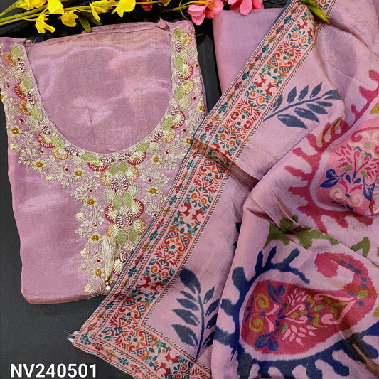 CODE NV240501 : Lavender with golden tint designer pure tissue organza silk unstitched salwar material, rich work on yoke(shiny fabric, lining needed)matching santoon bottom, digital printed pure tissue organza silk dupatta.