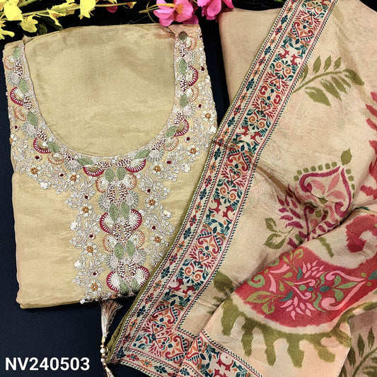 CODE NV240503 : Golden beige designer pure tissue organza silk unstitched salwar material, rich work on yoke(shiny fabric, lining needed)matching santoon bottom, digital printed pure tissue organza silk dupatta.