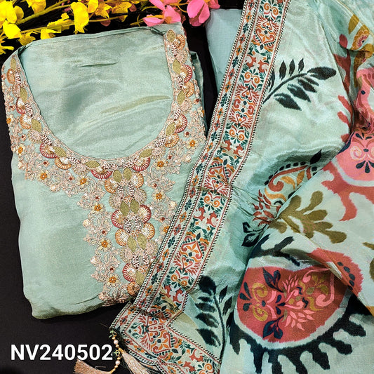 CODE NV240502 : Pastel blue with golden tint designer pure tissue organza silk unstitched salwar material, rich work on yoke(shiny fabric, lining needed)matching santoon bottom, digital printed pure tissue organza silk dupatta.