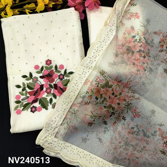 CODE NV240513 : Half white fancy silk cotton unstitched salwar material, rich embroidered & sequins work on yoke(silky fabric, lining needed)matching fancy silk bottom, floral printed fancy organza dupatta with scallop edges.