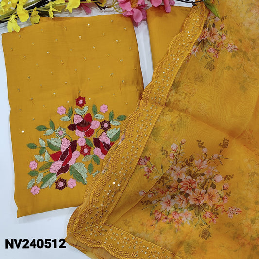 CODE NV240512 : Bright mehandhi yellow fancy silk cotton unstitched salwar material, rich embroidered & sequins work on yoke(silky fabric, lining needed)matching fancy silk bottom, floral printed fancy organza dupatta with scallop edges.